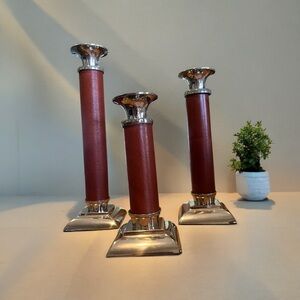 3 Leather and Silver Candlesticks Holder, Candelabra|Minimalist|Masculine